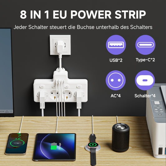 1pc 7-in-1 EU Power Board, Multi-Switch Power Plug, 4 AC Sockets, 2 USB 2 Type-C, Wall Charging Station, Suitable for Home, Office, Travel, Computer, White and Black