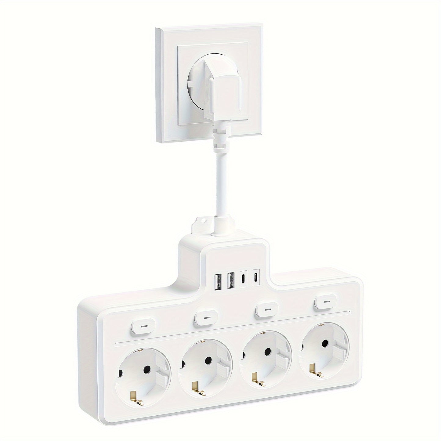 1pc 7-in-1 EU Power Board, Multi-Switch Power Plug, 4 AC Sockets, 2 USB 2 Type-C, Wall Charging Station, Suitable for Home, Office, Travel, Computer, White and Black