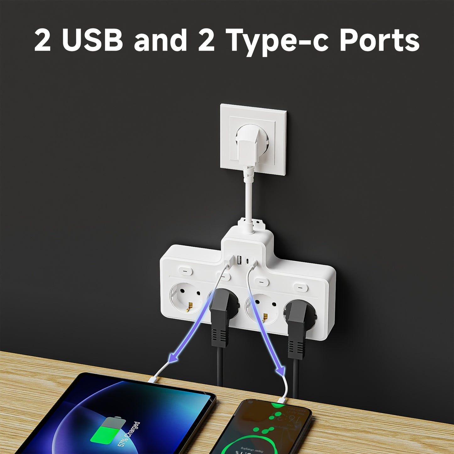 1pc 7-in-1 EU Power Board, Multi-Switch Power Plug, 4 AC Sockets, 2 USB 2 Type-C, Wall Charging Station, Suitable for Home, Office, Travel, Computer, White and Black