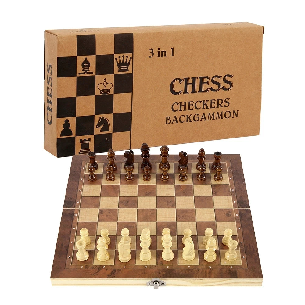 3 in 1 Chess Board, Folding Wooden Portable Chess Game Board, Wooden Chess Board for Adults(Chess + Checkers and Backgammon)