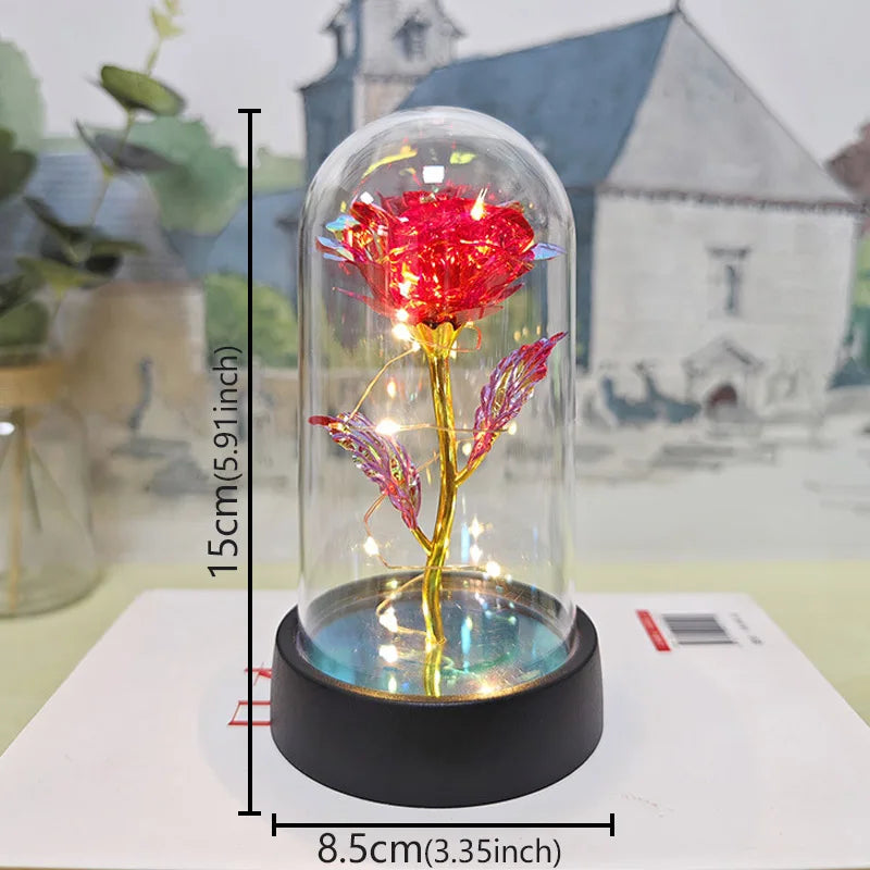 Valentines Day Gift Eternal Rose Acrylic Cover LED Light Foil Flower In Glass Cover Mothers Day Decoration Birthday Party Gift