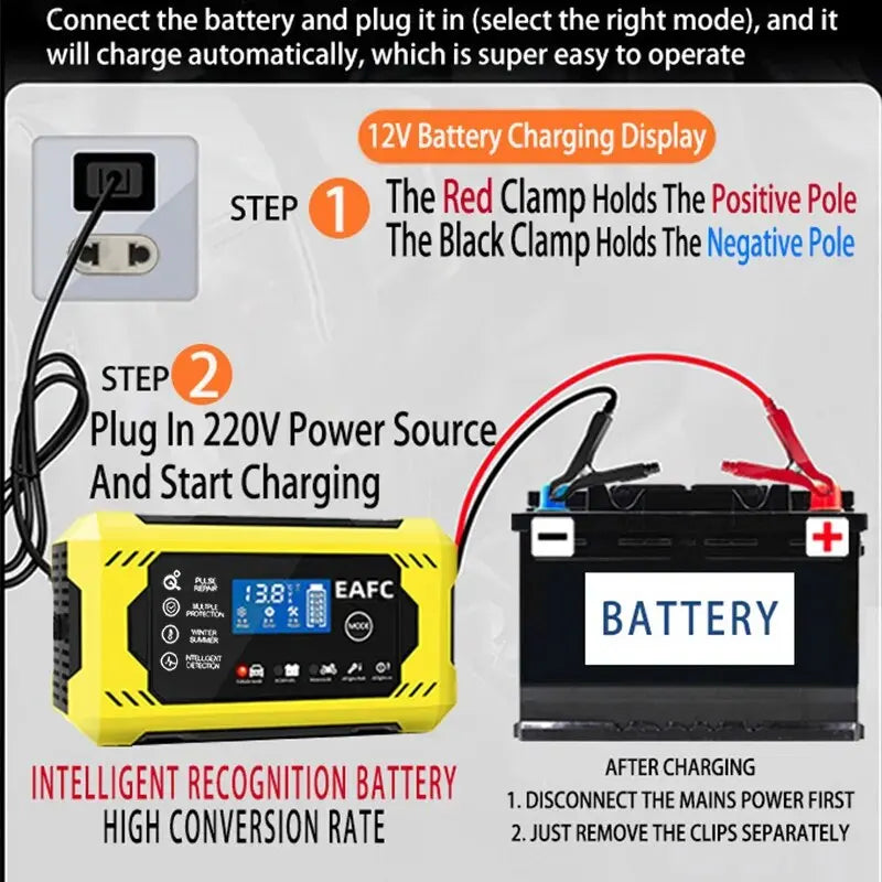 Car Battery Charger 6A 12V Car and Motorcycle Battery Charging Device Lead-acid Battery Smart Repair LCD Display