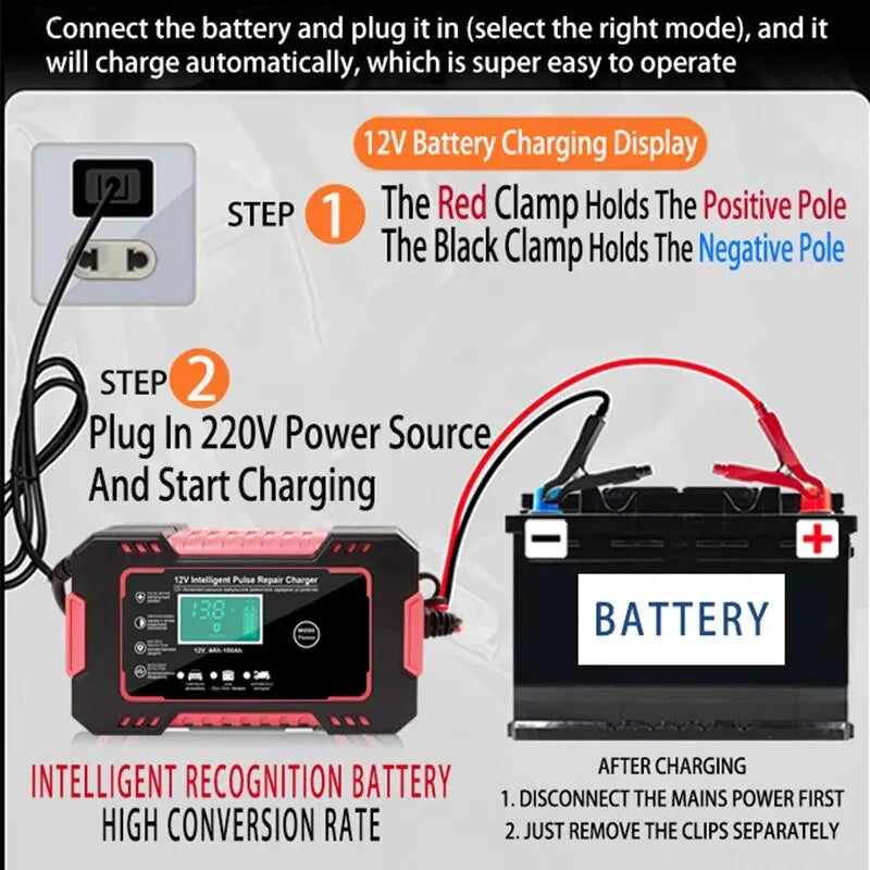 Car Battery Charger 12V 6A Pulse Repair LCD Display Smart Fast Charge AGM Deep Cycle GEL Lead-Acid Charger For Auto Motorcycle