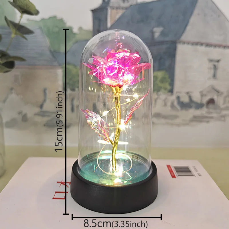 Valentines Day Gift Eternal Rose Acrylic Cover LED Light Foil Flower In Glass Cover Mothers Day Decoration Birthday Party Gift