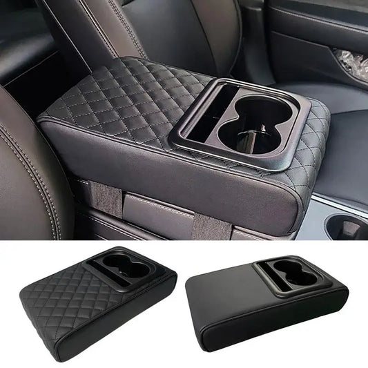 Auto Center Console Armrest Cushion With 2 Cup Holder PU Leather Armrest Pad Portable Car Amrest Pillow Cover Height Pad