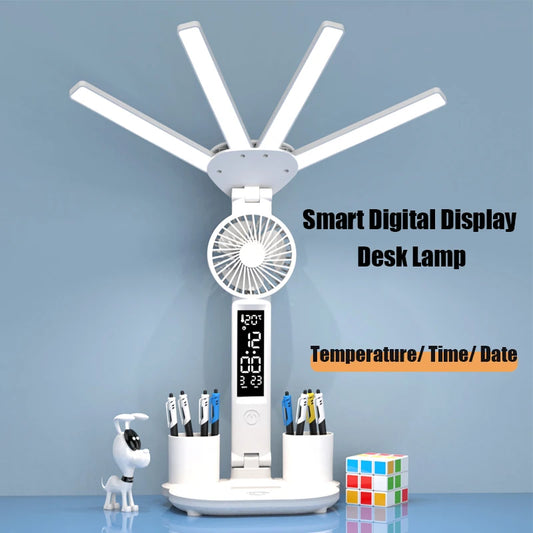 3in1 Multifunction Table Lamp LED Four-headed Folding With Fan Calendar Clock USB Rechargeable Desk light 3 color Reading Lamp