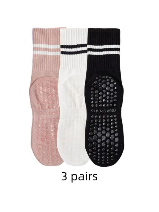 3 pairs of yoga socks, medium length socks, pure cotton anti slip silicone indoor fitness pilates, women's sports socks wholesal