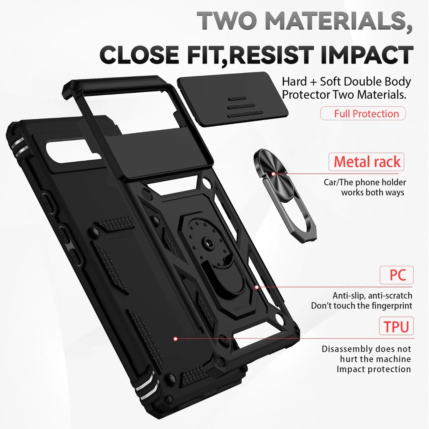 Military Slide Push Window Shockproof Case For Google Pixel 6A 6 7 8 Pro 7A 8A Metal Ring Holder Camera Lens Protection Cover