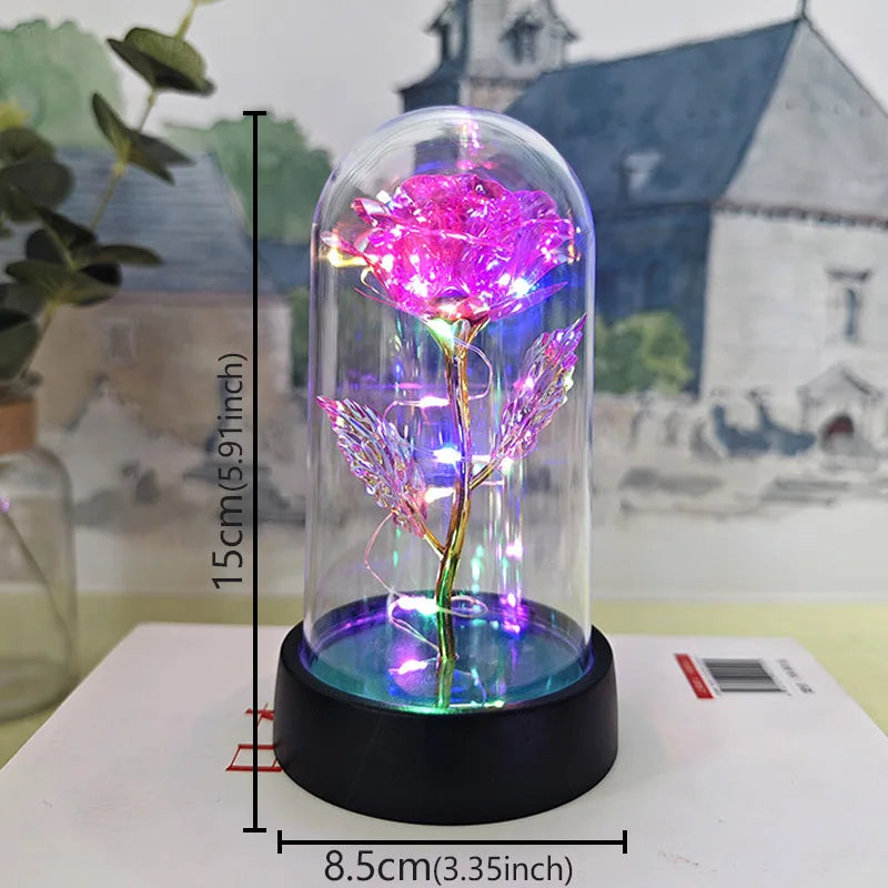 Valentines Day Gift Eternal Rose Acrylic Cover LED Light Foil Flower In Glass Cover Mothers Day Decoration Birthday Party Gift