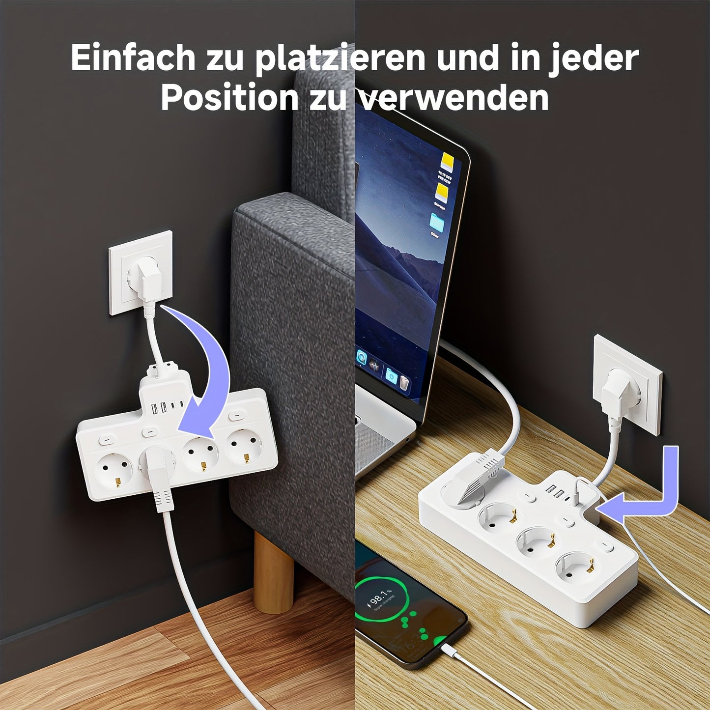 1pc 7-in-1 EU Power Board, Multi-Switch Power Plug, 4 AC Sockets, 2 USB 2 Type-C, Wall Charging Station, Suitable for Home, Office, Travel, Computer, White and Black