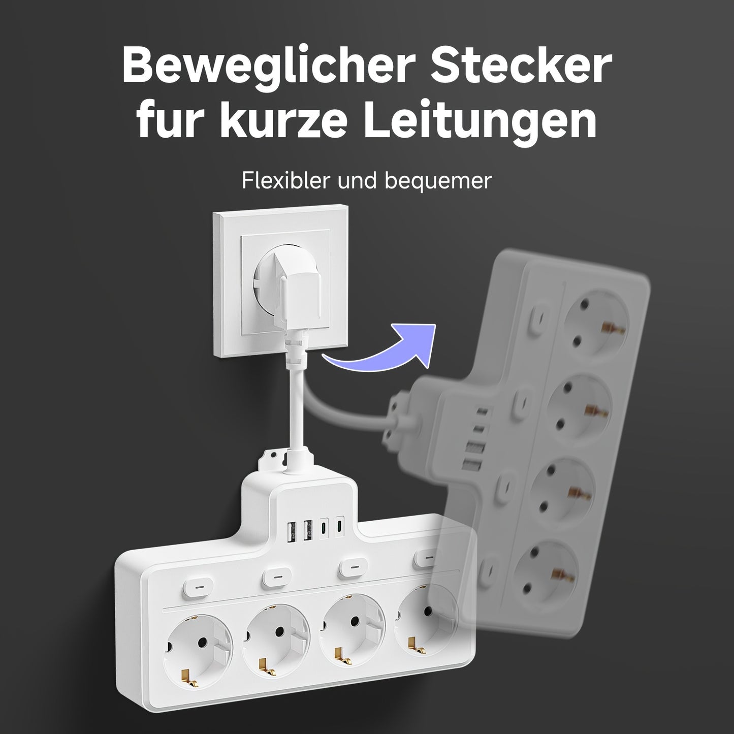 1pc 7-in-1 EU Power Board, Multi-Switch Power Plug, 4 AC Sockets, 2 USB 2 Type-C, Wall Charging Station, Suitable for Home, Office, Travel, Computer, White and Black