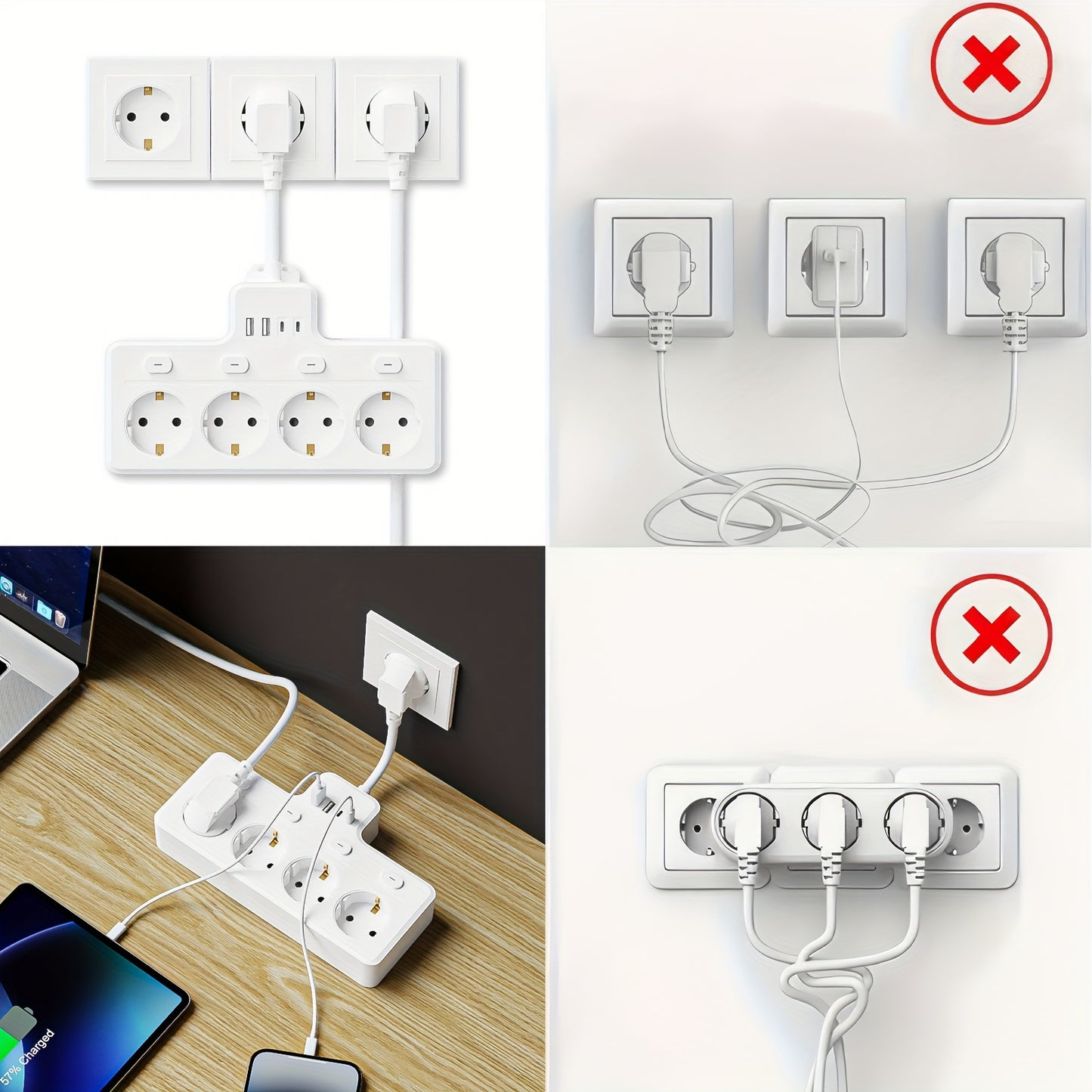 1pc 7-in-1 EU Power Board, Multi-Switch Power Plug, 4 AC Sockets, 2 USB 2 Type-C, Wall Charging Station, Suitable for Home, Office, Travel, Computer, White and Black